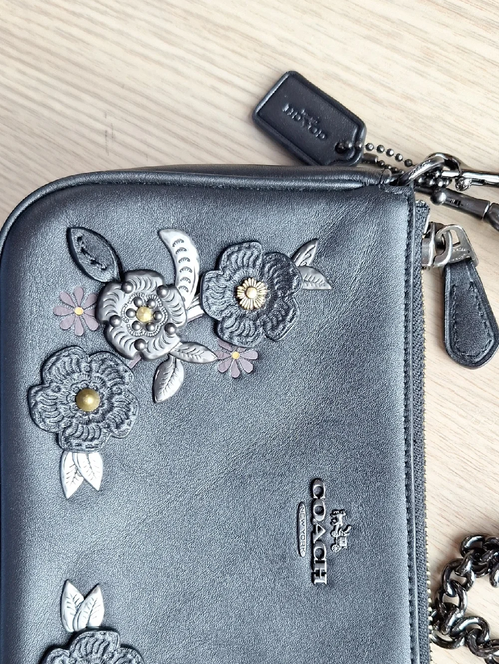 Coach Black Leather Floral Appliqué Chain Crossbody Bag
